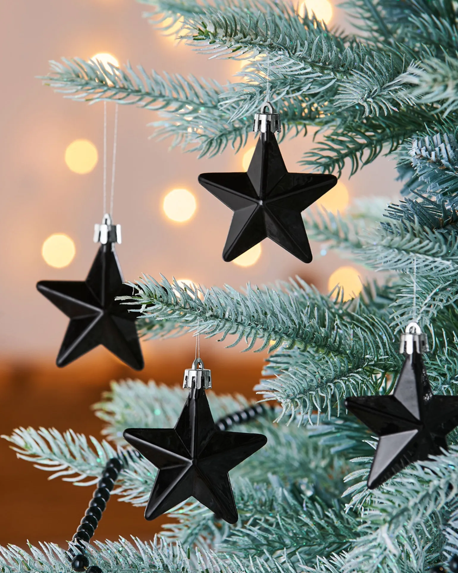 6 Pack Of Hanging Stars, Black, 7.5 Cm