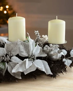 3 Pillar Decorated Candle Holder, Black/Silver