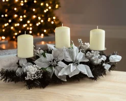 3 Pillar Decorated Candle Holder, Black/Silver