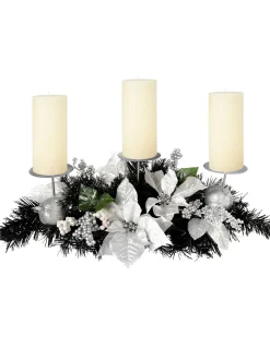 3 Pillar Decorated Candle Holder, Black/Silver