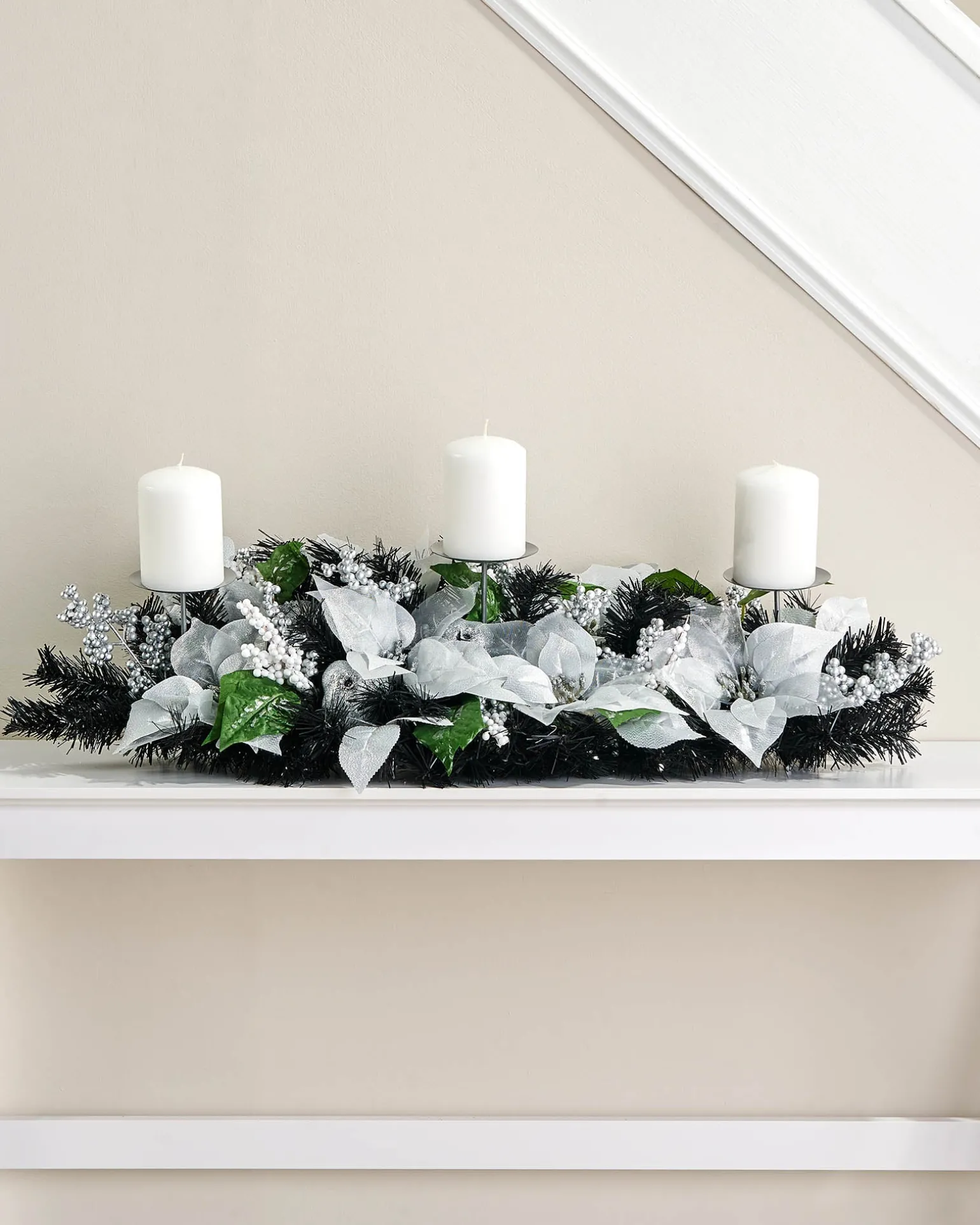 3 Pillar Decorated Garland Candle Holder, Black/Silver, 76 Cm