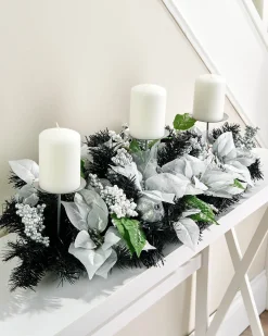 3 Pillar Decorated Garland Candle Holder, Black/Silver, 76 Cm