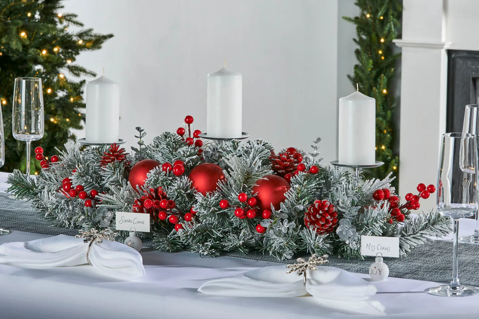 3 Pillar Decorated Garland Candle Holder, Frosted, 76 Cm