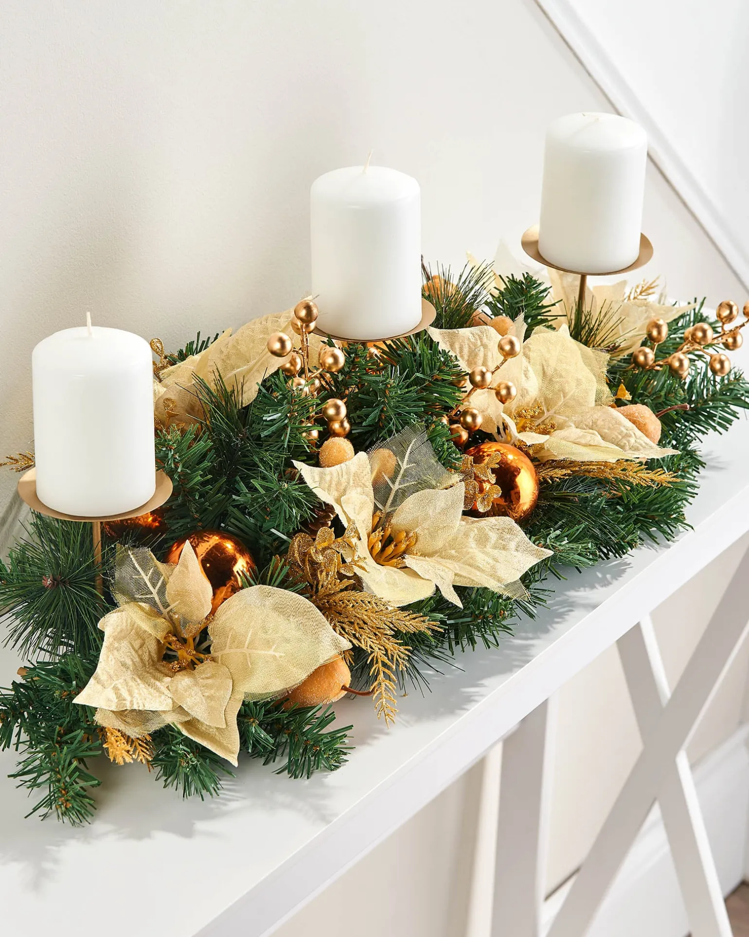 3 Pillar Decorated Garland Candle Holder, Copper, 76 Cm