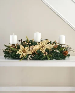 3 Pillar Decorated Garland Candle Holder, Cream/Gold, 76 Cm