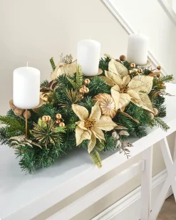 3 Pillar Decorated Garland Candle Holder, Cream/Gold, 76 Cm