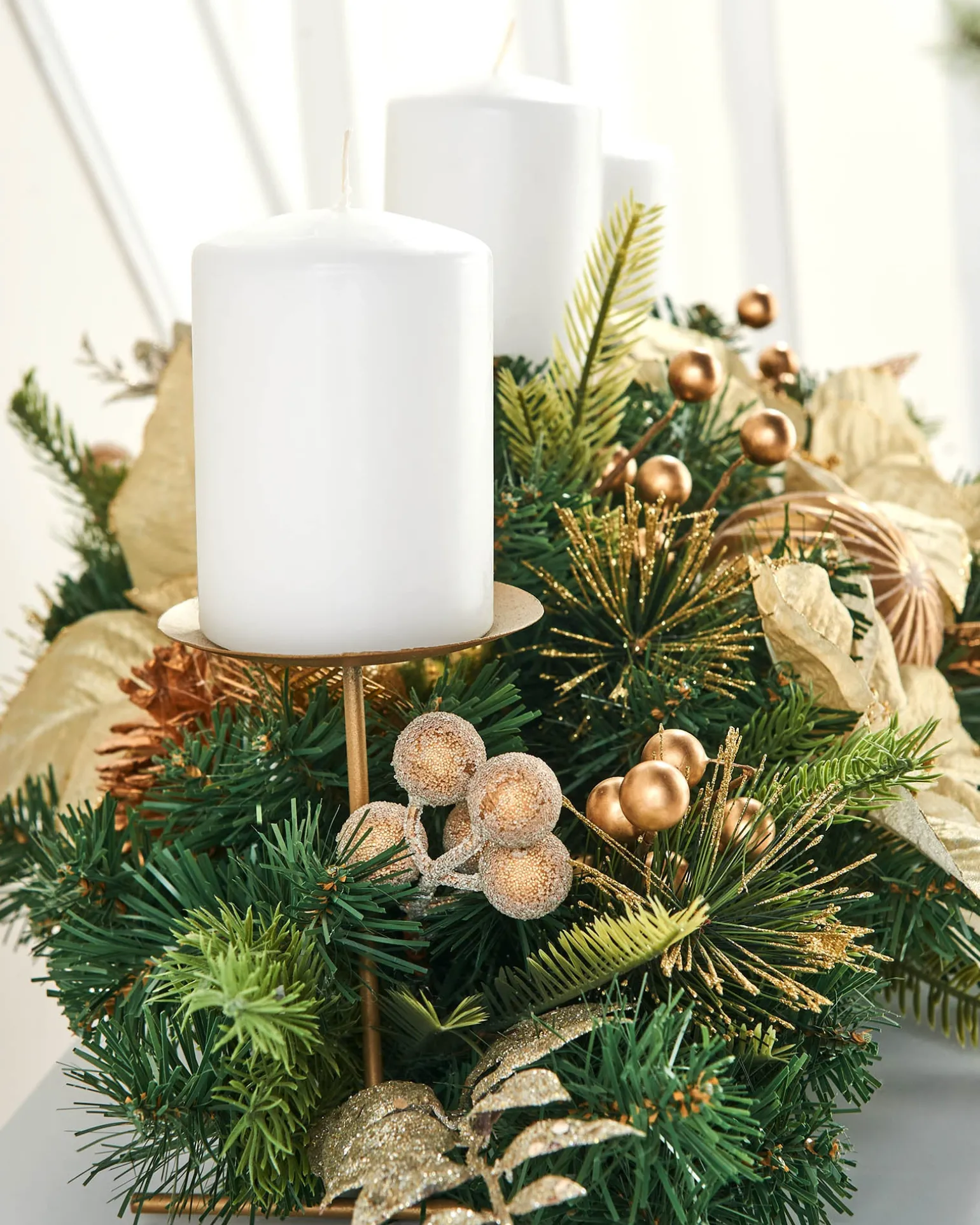 3 Pillar Decorated Garland Candle Holder, Cream/Gold, 76 Cm