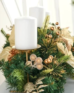 3 Pillar Decorated Garland Candle Holder, Cream/Gold, 76 Cm