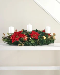 3 Pillar Decorated Garland Candle Holder, Red/Gold, 76 Cm