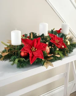 3 Pillar Decorated Garland Candle Holder, Red/Gold, 76 Cm