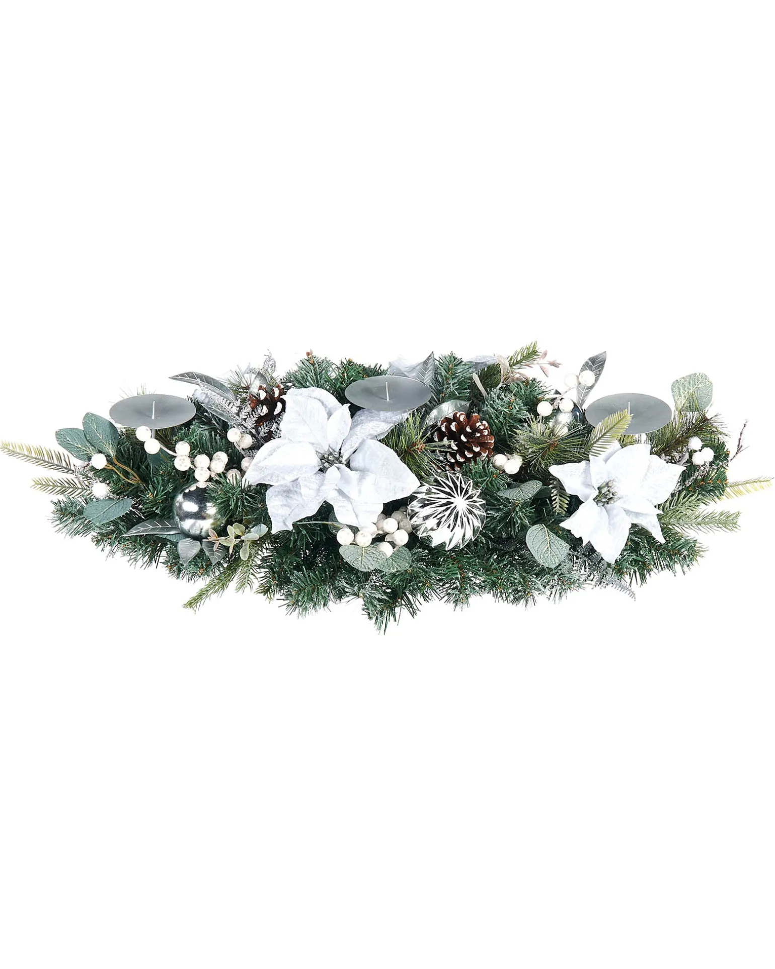 3 Pillar Decorated Garland Candle Holder, White/Silver, 76 Cm