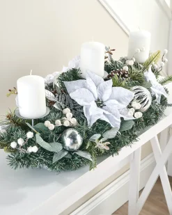 3 Pillar Decorated Garland Candle Holder, White/Silver, 76 Cm