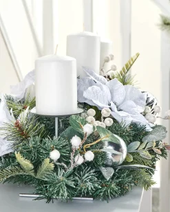 3 Pillar Decorated Garland Candle Holder, White/Silver, 76 Cm