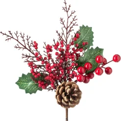 Artificial Berries And Pinecones Tree Pick, Red, 20 Cm