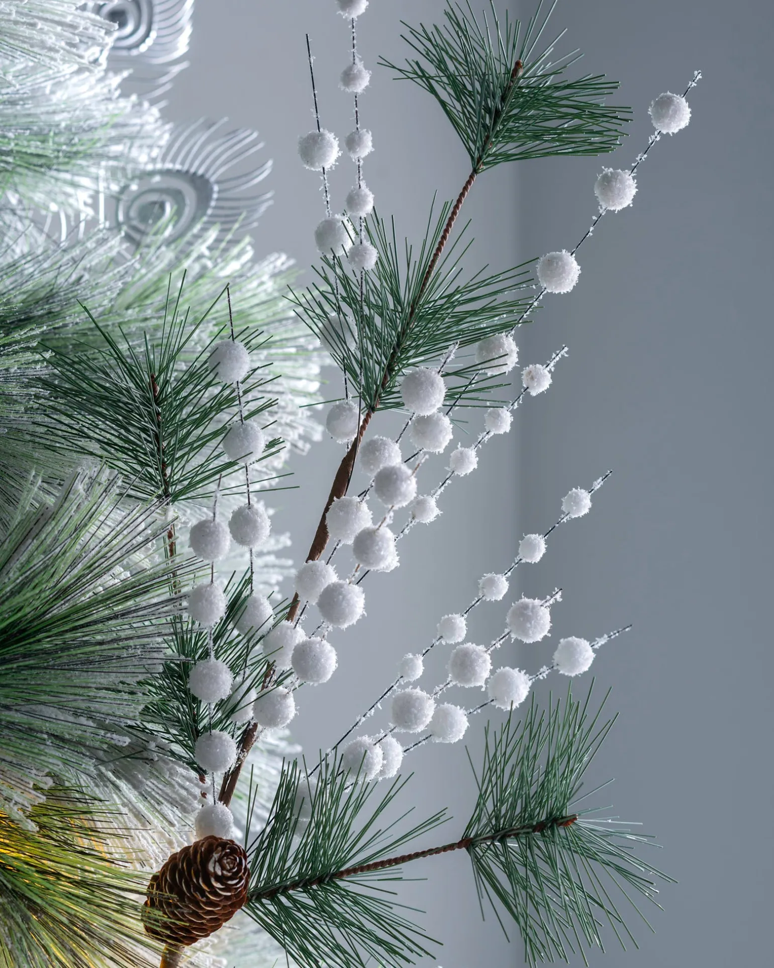 Artificial Berries And Pinecone Pick, White, 66 Cm