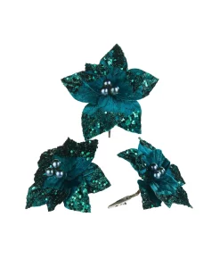 Artificial Emerald Poinsettia Flower With Clip, 3 Pack, 12 Cm