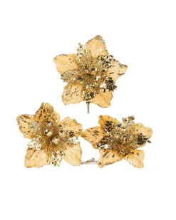 Artificial Gold Poinsettia Flower With Clip, 3 Pack, 12 Cm