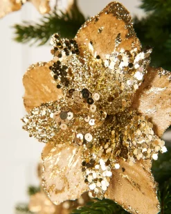 Artificial Gold Poinsettia Flower With Clip, 3 Pack, 12 Cm