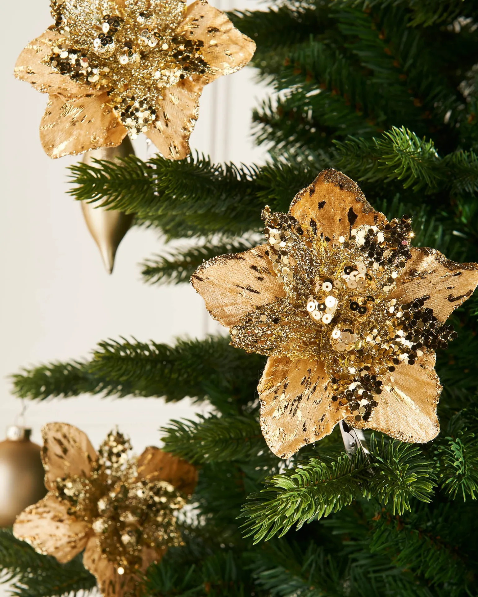 Artificial Gold Poinsettia Flower With Clip, 3 Pack, 12 Cm
