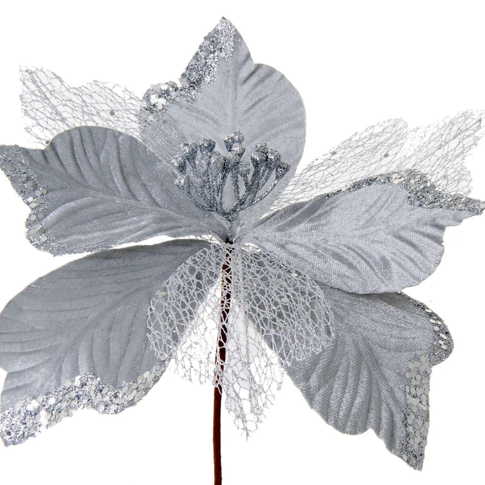 Artificial Poinsettia Flower, Silver, 30 Cm