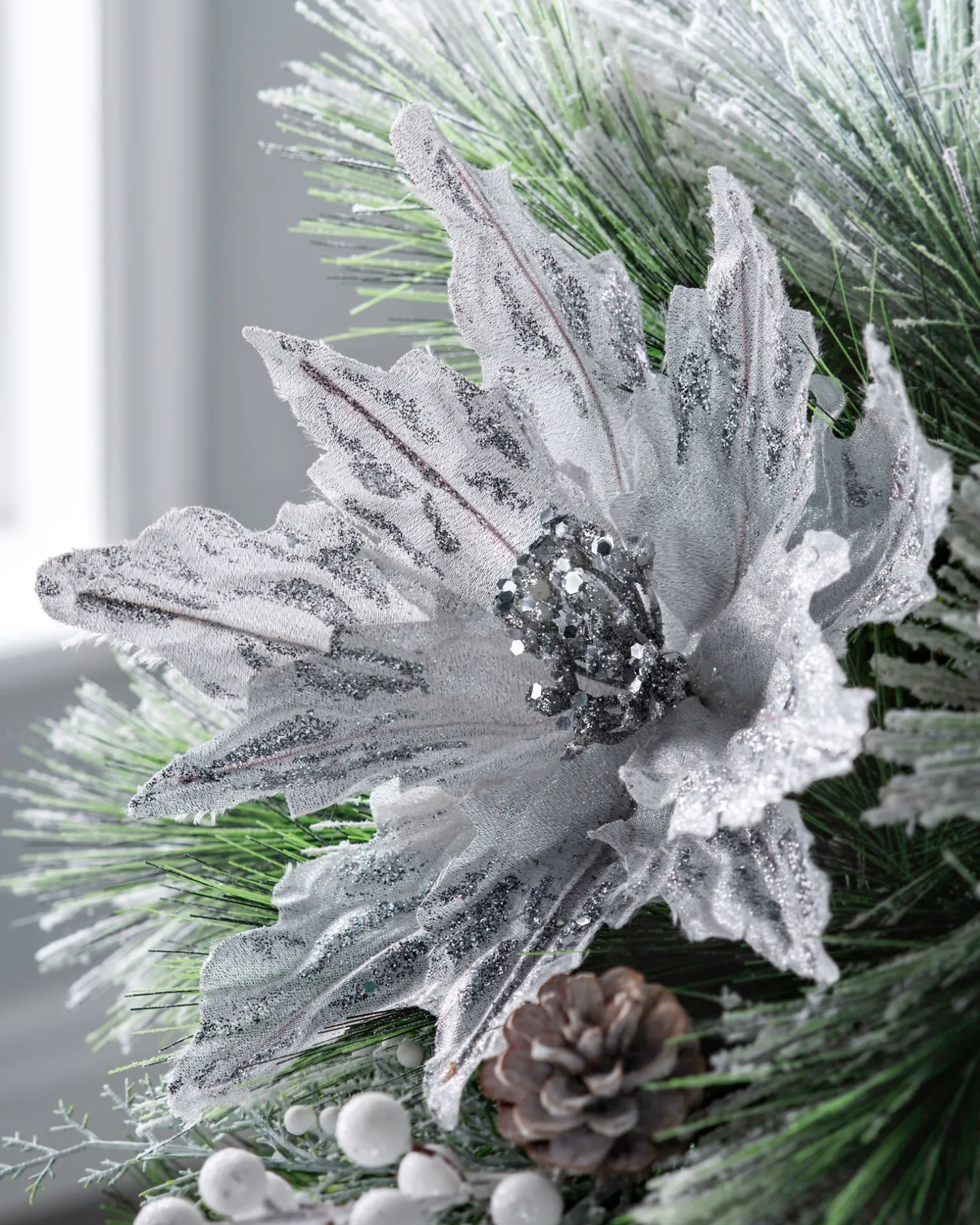 Artificial Poinsettia Flower, Silver, 30 Cm