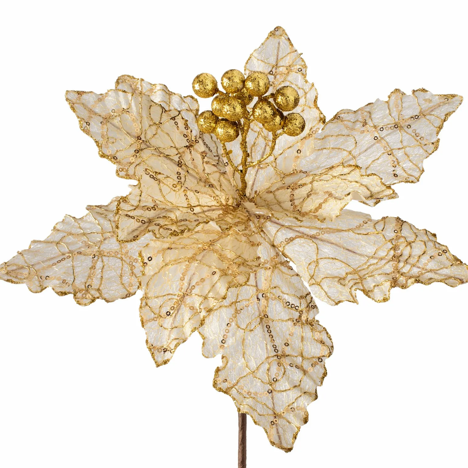 Artificial Poinsettia Flower, White And Gold, 32 Cm