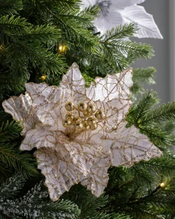 Artificial Poinsettia Flower, White And Gold, 32 Cm