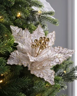 Artificial Poinsettia Flower, White And Gold, 32 Cm