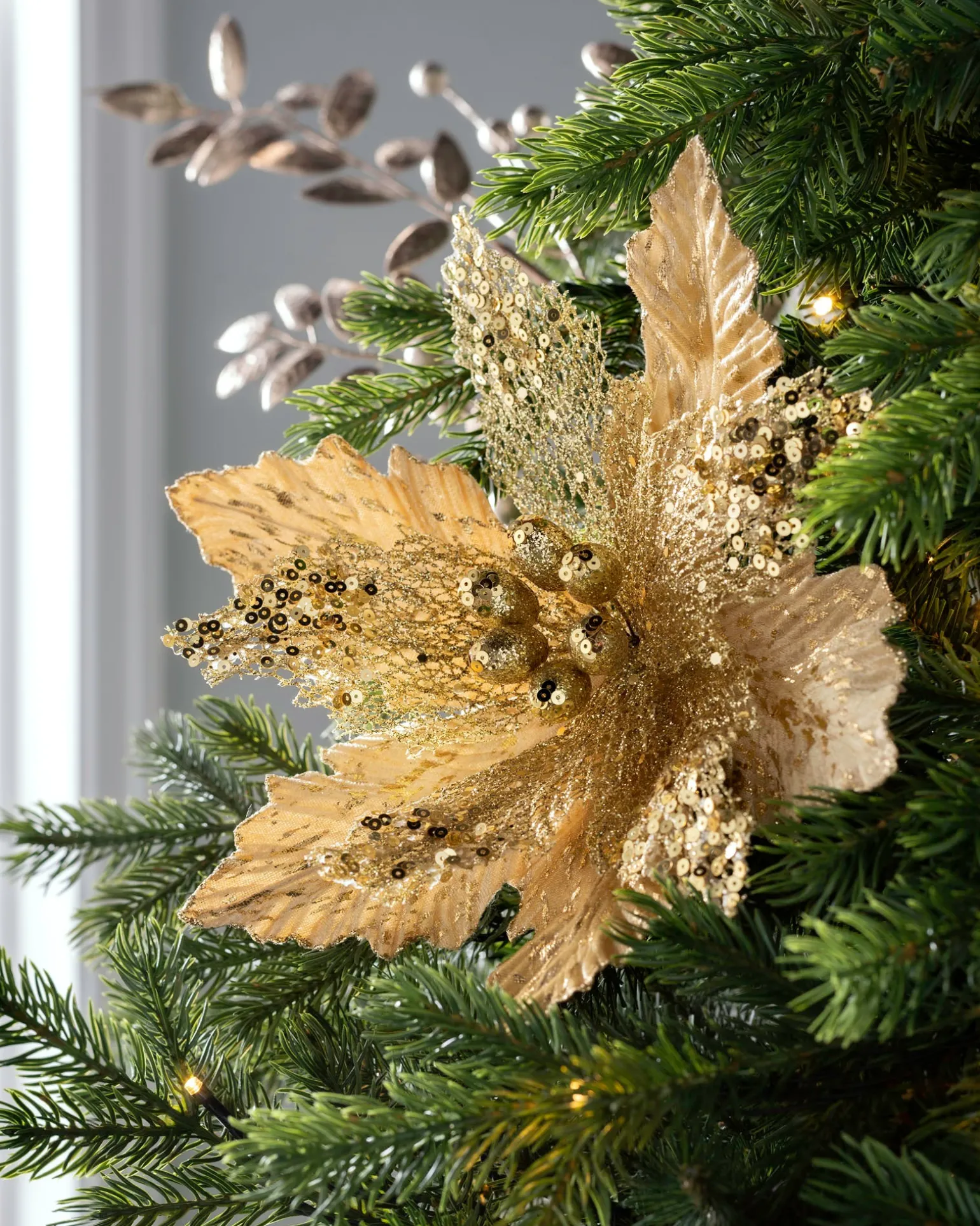 Artificial Poinsettia Flower, Gold, 32 Cm