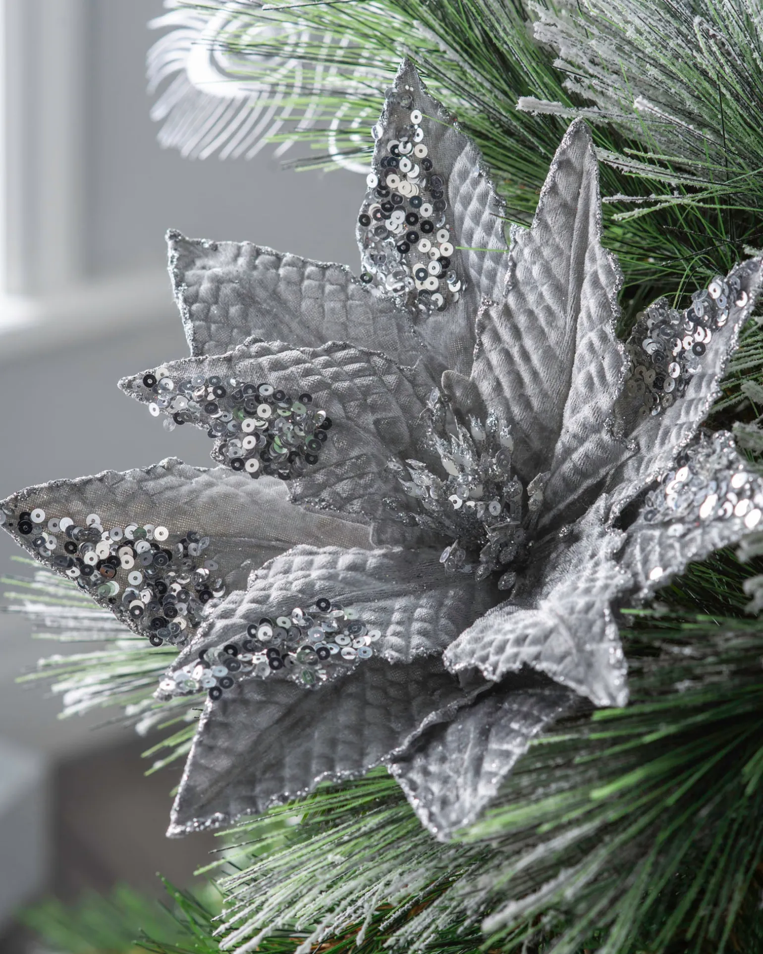 Artificial Poinsettia Flower, Silver, 29 Cm