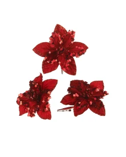 Artificial Red Poinsettia Flower With Clip, 3 Pack, 12 Cm