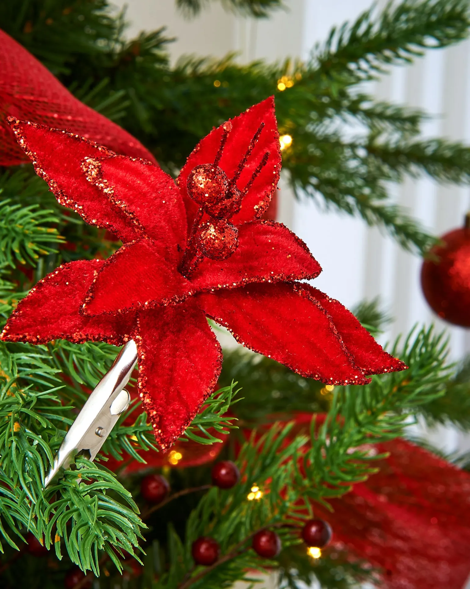 Artificial Red Poinsettia Flower With Clip, 3 Pack, 12 Cm