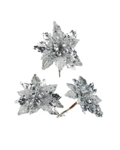 Artificial Silver Poinsettia Flower With Clip, 3 Pack, 12 Cm