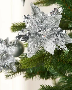 Artificial Silver Poinsettia Flower With Clip, 3 Pack, 12 Cm