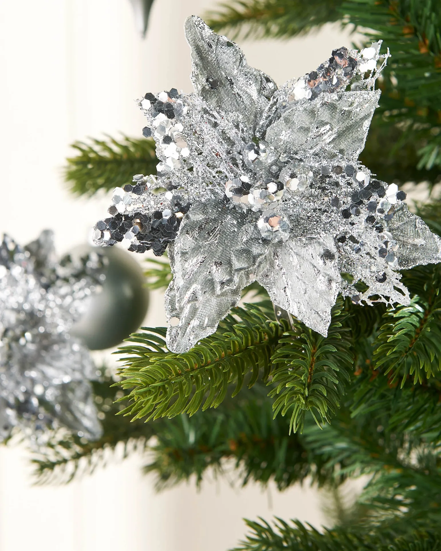 Artificial Silver Poinsettia Flower With Clip, 3 Pack, 12 Cm