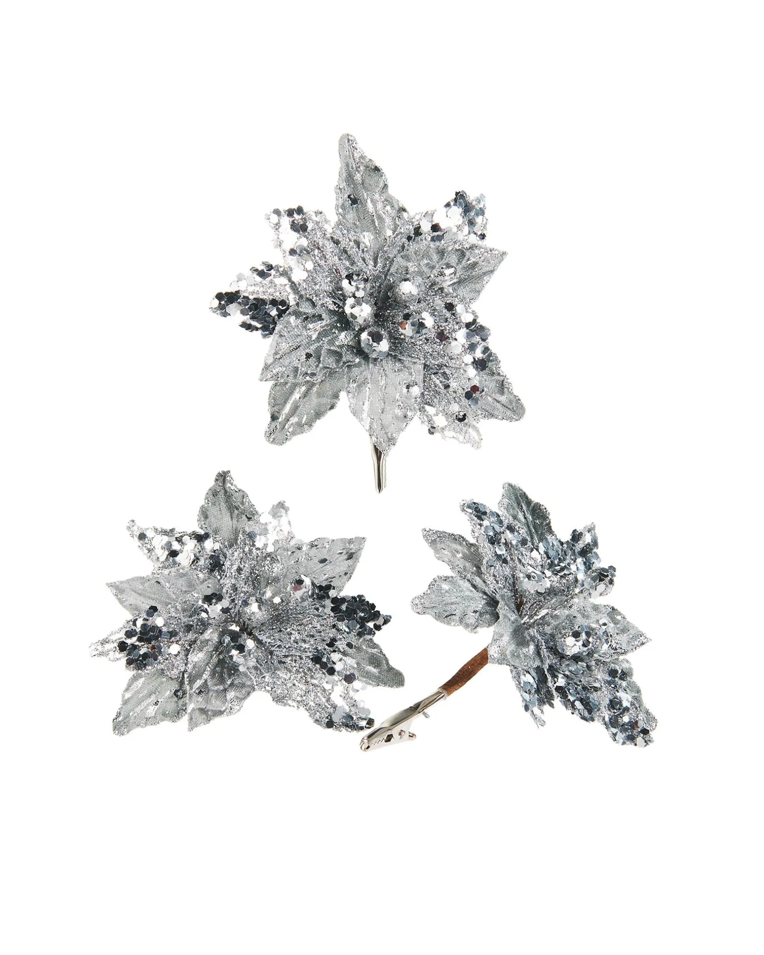 Artificial Silver Poinsettia Flower With Clip, 3 Pack, 12 Cm