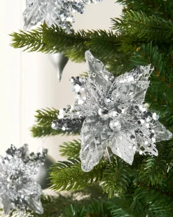 Artificial Silver Poinsettia Flower With Clip, 3 Pack, 12 Cm