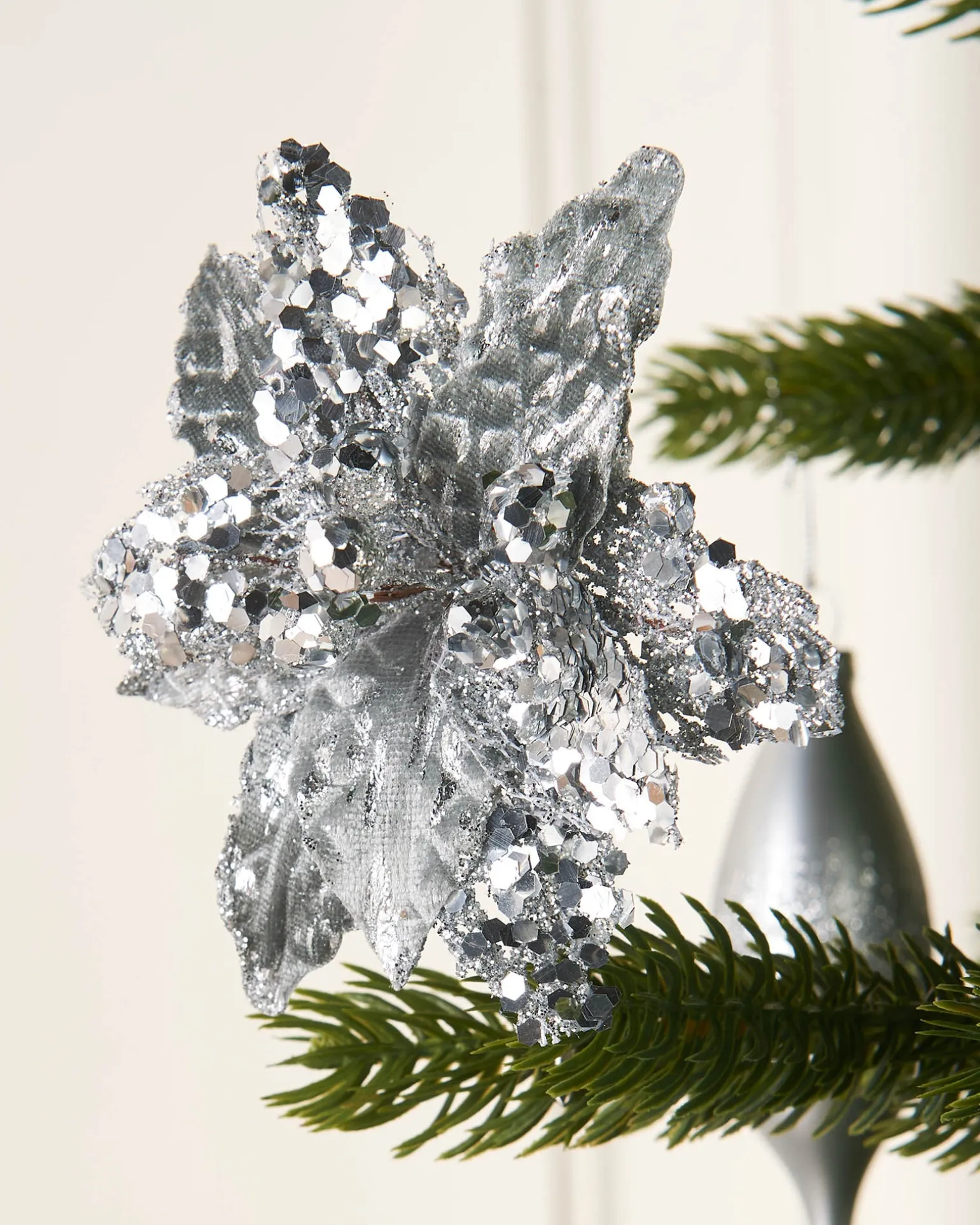 Artificial Silver Poinsettia Flower With Clip, 3 Pack, 12 Cm