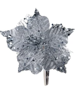 Artificial Silver Poinsettia Flower With Clip, 3 Pack, 12 Cm