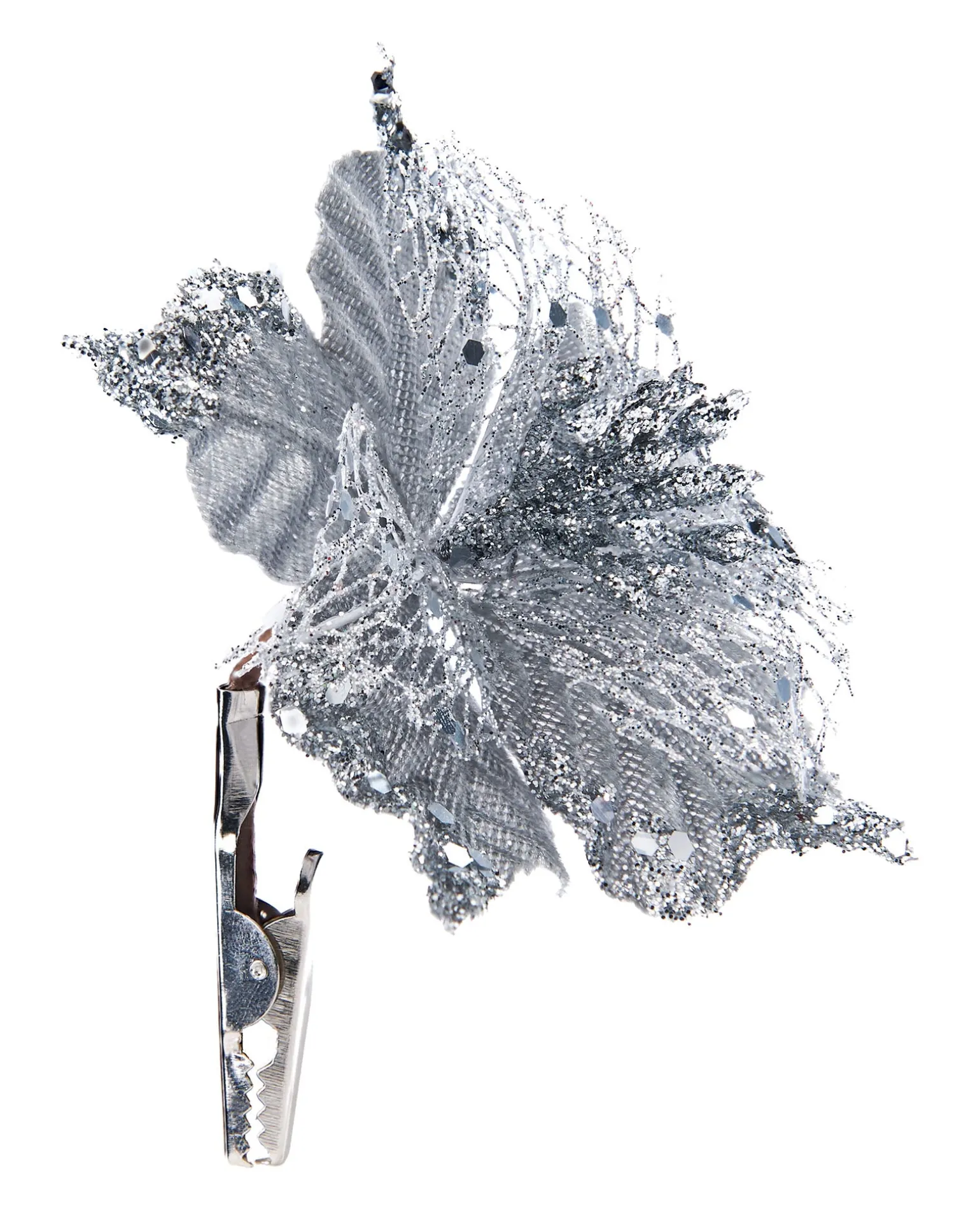 Artificial Silver Poinsettia Flower With Clip, 3 Pack, 12 Cm