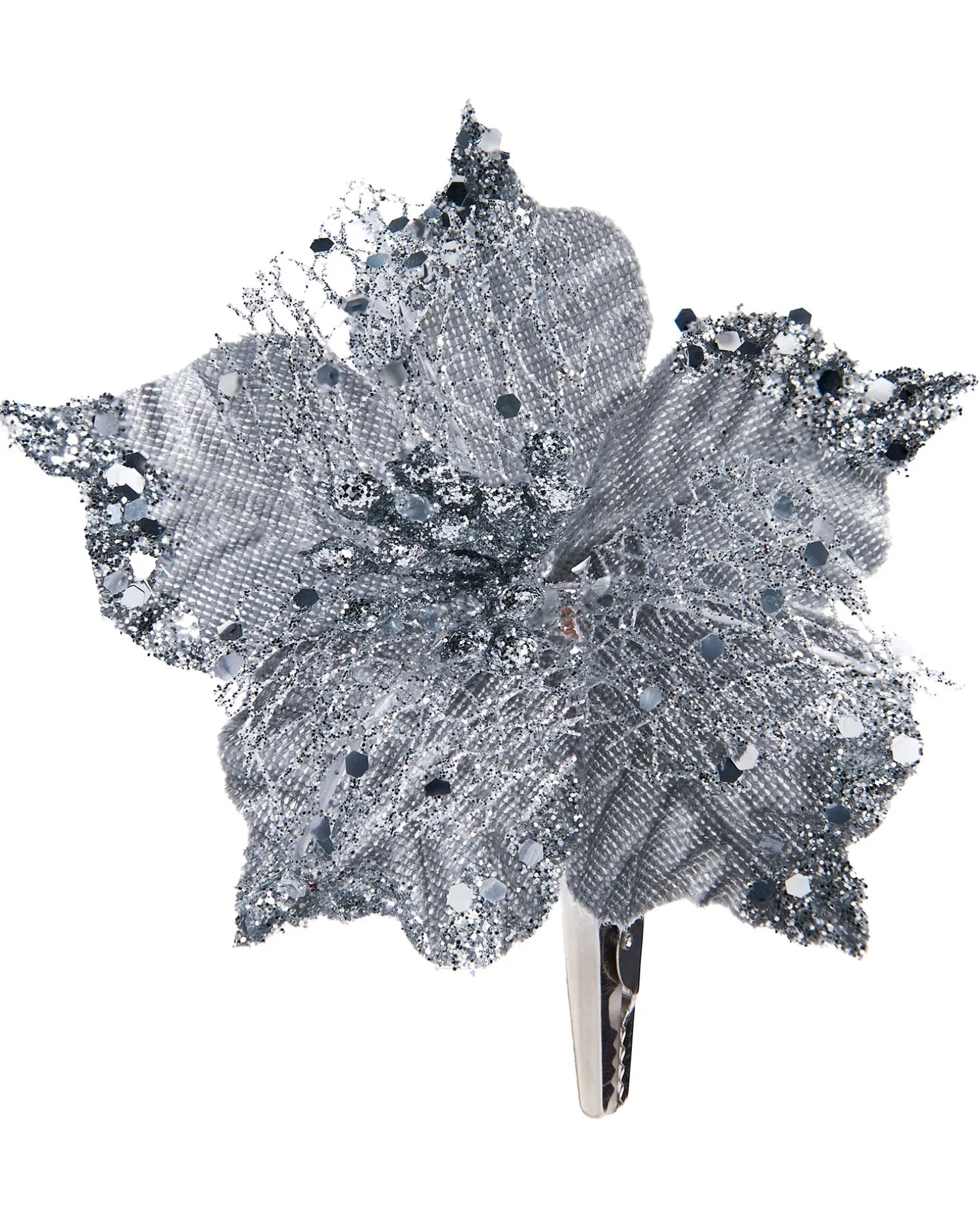 Artificial Silver Poinsettia Flower With Clip, 3 Pack, 12 Cm