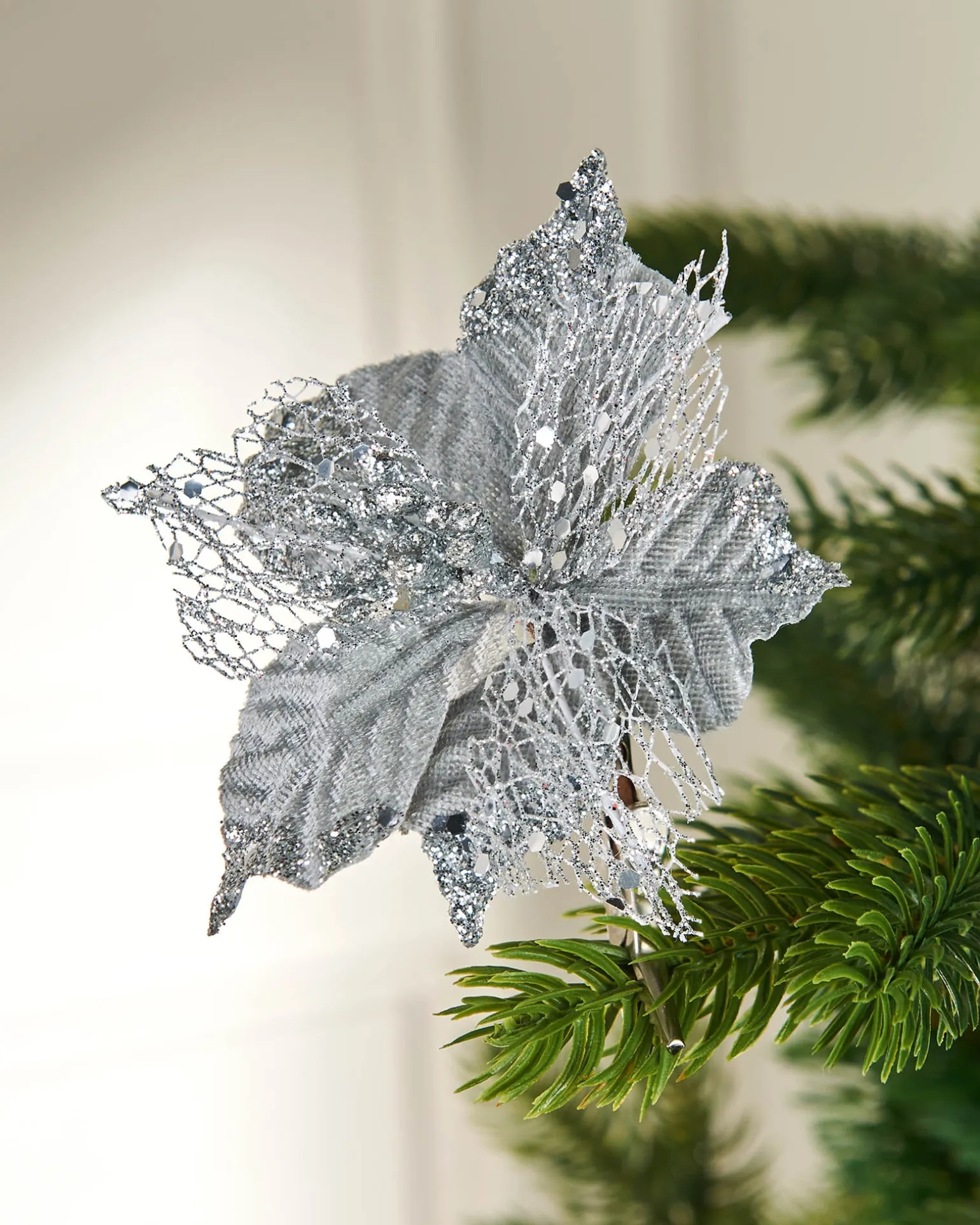 Artificial Silver Poinsettia Flower With Clip, 3 Pack, 12 Cm