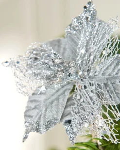 Artificial Silver Poinsettia Flower With Clip, 3 Pack, 12 Cm