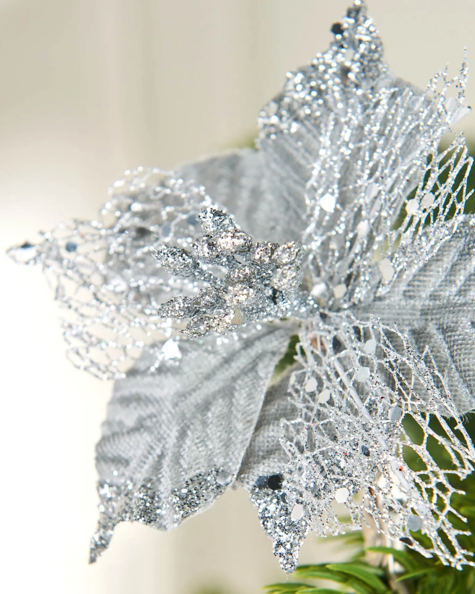 Artificial Silver Poinsettia Flower With Clip, 3 Pack, 12 Cm
