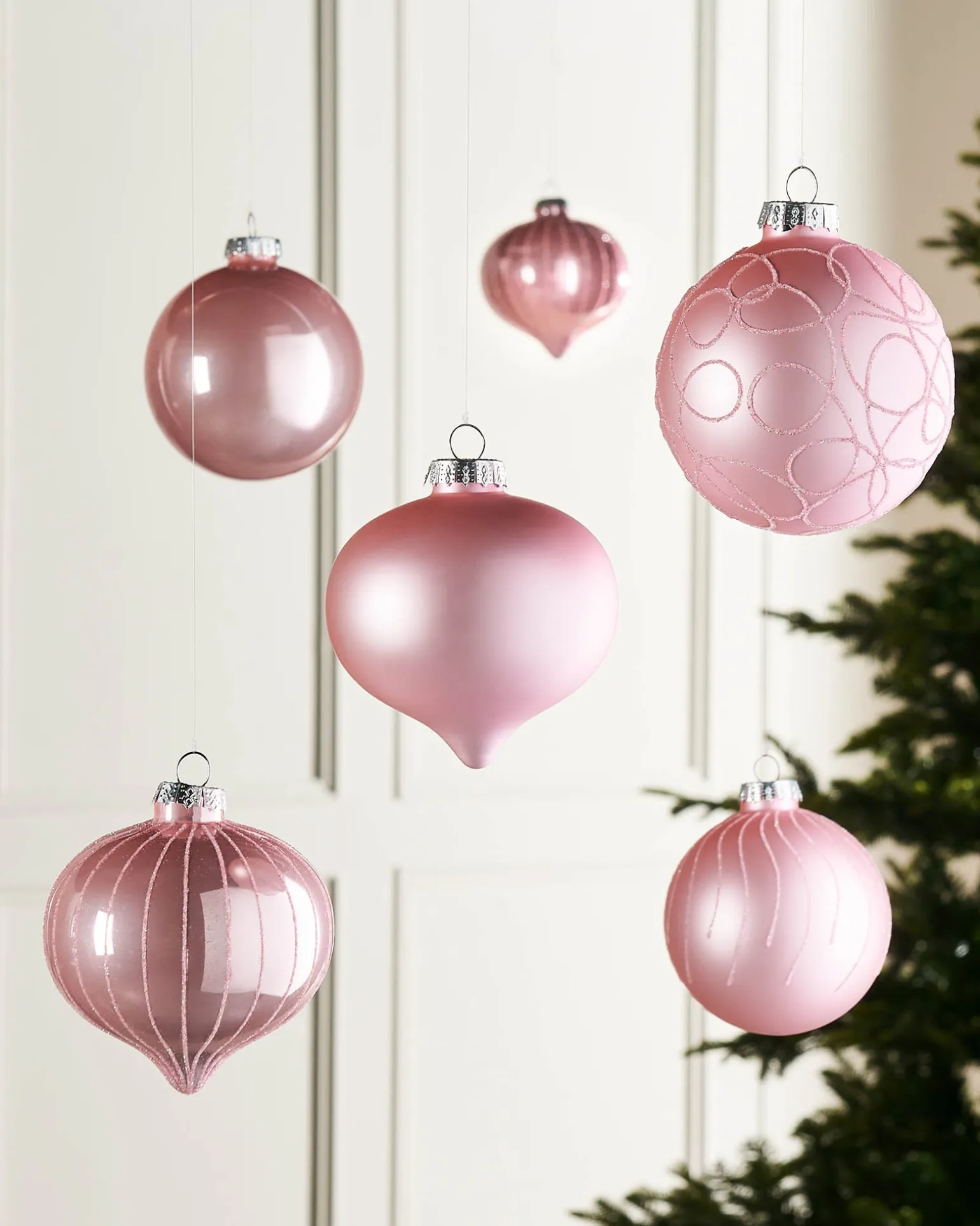 Baby Pink Glass Baubles, 6 Pack, 10 Cm