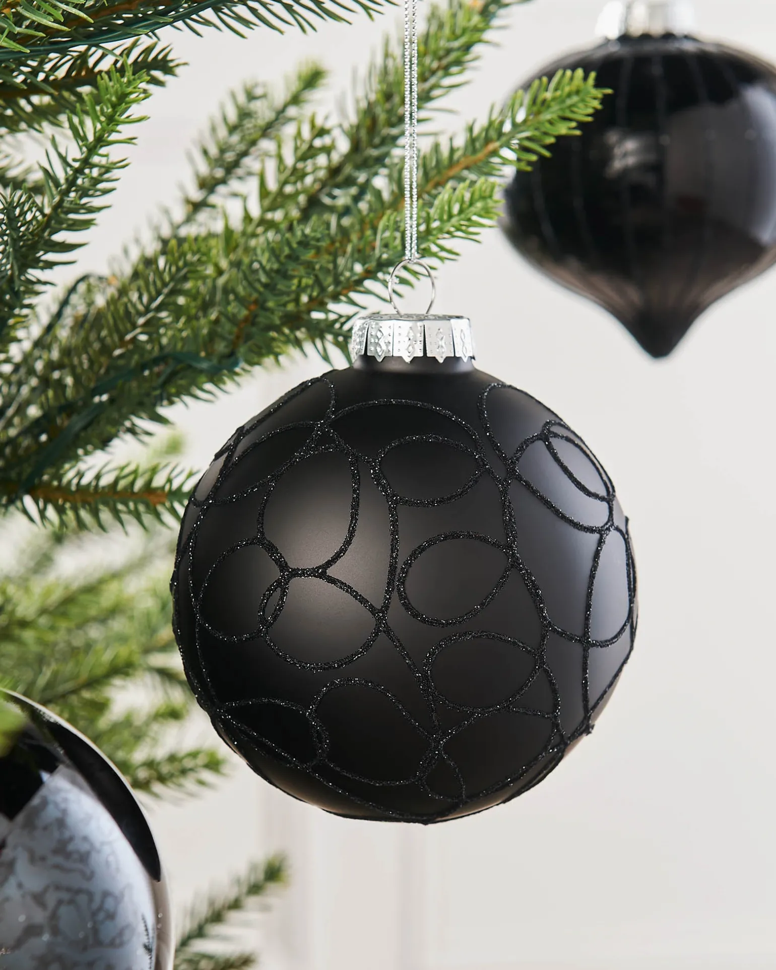 Black Glass Baubles, 6 Pack, 10 Cm