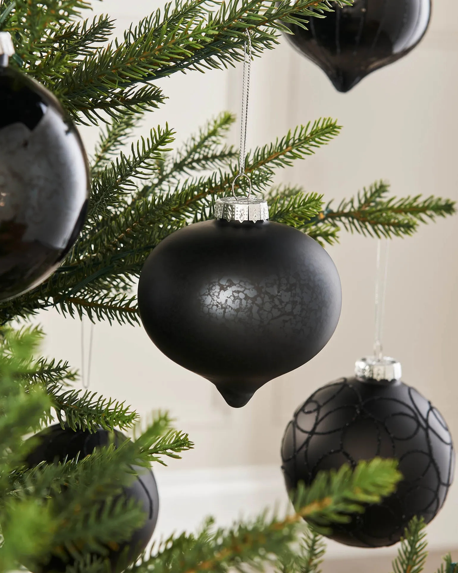 Black Glass Baubles, 6 Pack, 10 Cm