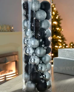 Black/Silver Shatterproof Baubles, 50 Pack