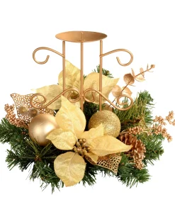 Decorated Table Centre Piece Candle Holder - Cream/ Gold, Single Pillar