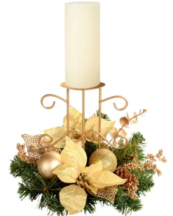 Decorated Table Centre Piece Candle Holder - Cream/ Gold, Single Pillar